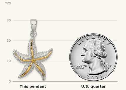 Classique True Size: De-Ani Sterling Silver Rhodium-Plated Polished Starfish with 14k Accent Pendant shown next to a US quarter (24.3 mm)