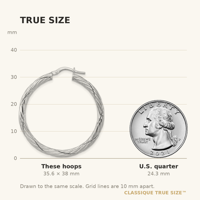 Sterling Silver Rhodium-plated Polished Textured and Twisted 3.00 x Round Hoop Earrings, 38 x 3mm