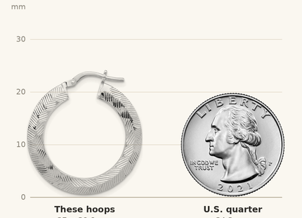 Classique True Size: Sterling Silver Rhodium-plated D/C Knife Edge Round Hoop Earrings shown next to a US quarter (24.3 mm)