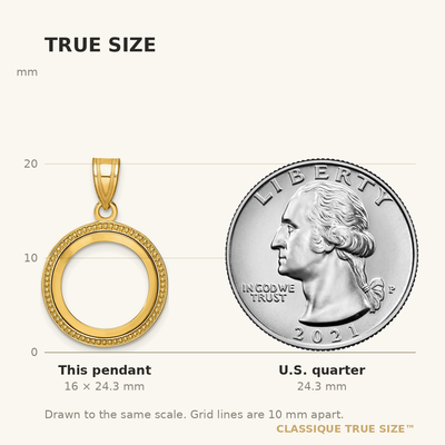 Wideband Distinguished Coin Jewelry 14K Polished and Beaded Prong Coin Bezel Pendant, 24.3 x 17.6mm