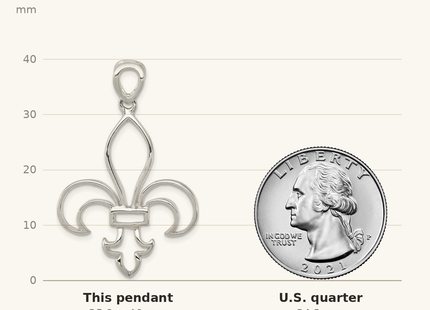 Classique True Size: Sterling Silver Cut-Out Fleur de Lis Pendant shown next to a US quarter (24.3 mm)