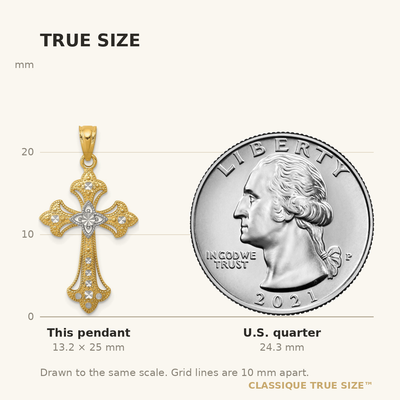 14K w/Rhodium Diamond-Cut Cross Pendant, 25 x 16mm