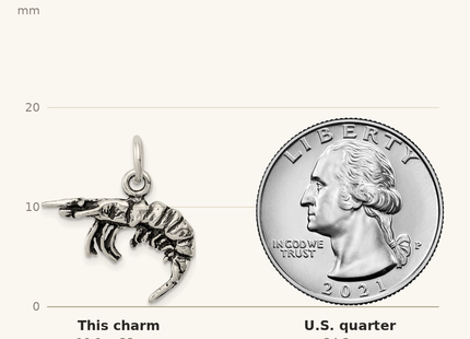 Classique True Size: Sterling Silver Antiqued Shrimp Charm shown next to a US quarter (24.3 mm)