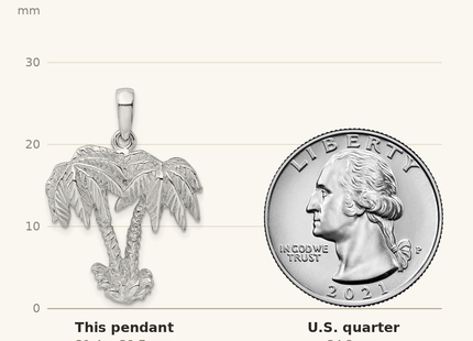 Classique True Size: De-Ani Sterling Silver Rhodium-Plated Polished Two Palm Trees Pendant shown next to a US quarter (24.3 mm)