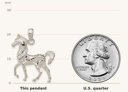Classique True Size: De-Ani Sterling Silver Rhodium-Plated Polished 3D Standing Horse Pendant shown next to a US quarter (24.3 mm)