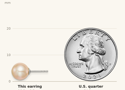 Classique True Size: Sterling Silver Rhodium-plated 8- Pink Round Freshwater Cultured Pearl Post Earrings shown next to a US quarter (24.3 mm)