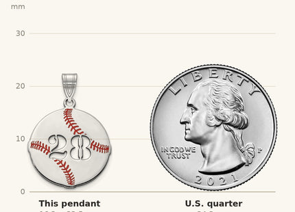 True size: 10k White Gold Epoxy Baseball with Cut-out Number Pendant shown next to a US quarter (24.3 mm)