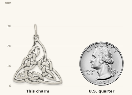 Classique True Size: Sterling Silver Antiqued Celtic Charm shown next to a US quarter (24.3 mm)