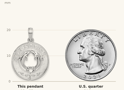 Classique True Size: De-Ani Sterling Silver Rhodium-Plated Polished Sanibel Circle with Dolphins Pendant shown next to a US quarter (24.3 mm)