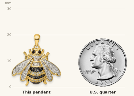Classique True Size: Sterling Silver Blk/White RH-plated Gold Tone CZ Bumblebee Pendant shown next to a US quarter (24.3 mm)
