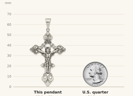 Classique True Size: Sterling Silver Antiqued Large INRI Crucifix Pendant shown next to a US quarter (24.3 mm)