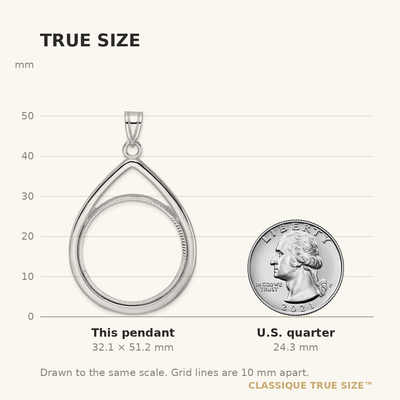 Wideband Distinguished Coin Jewelry 14K White Gold Polished and Diamond-cut Teardrop Prong Coin Bezel Pendant, 51.25 x 32.9mm