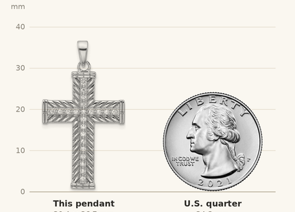 Classique True Size: Sterling Silver Rhodium-plated CZ Polished and Textured Cross Pendant shown next to a US quarter (24.3 mm)