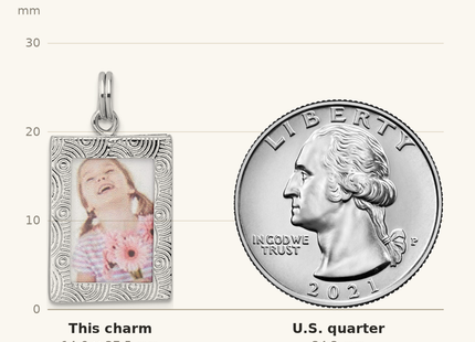 Classique True Size: Sterling Silver Rhodium-plated Textured Picture Frame Charm shown next to a US quarter (24.3 mm)