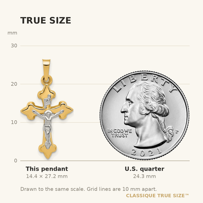 14K Two-tone Polished Fleur de Lis Inri Crucifix Pendant, 27.25 x 14.7mm
