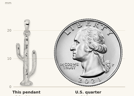 Classique True Size: De-Ani Sterling Silver Rhodium-Plated Polished 3D Saguaro Cactus Pendant shown next to a US quarter (24.3 mm)
