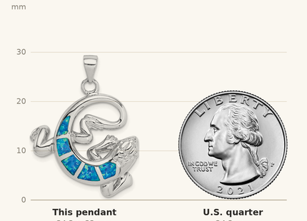 Classique True Size: Sterling Silver Rhodium-plated Polished Created Blue Opal Gecko Pendant shown next to a US quarter (24.3 mm)
