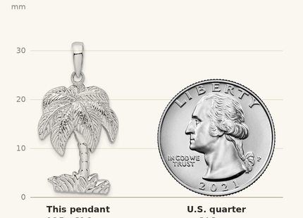 Classique True Size: De-Ani Sterling Silver Rhodium-Plated Polished and Textured Palm Tree Pendant shown next to a US quarter (24.3 mm)