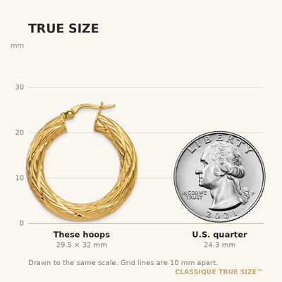 14K Textured Tube Hoop Earrings, 32 x 4.5mm