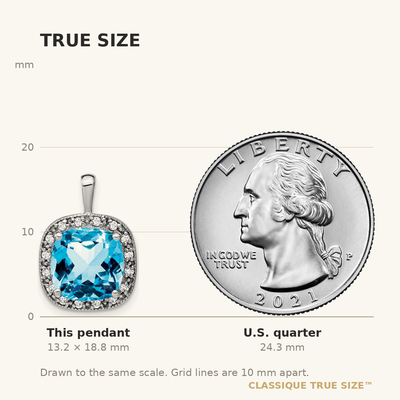 14K White Gold Cushion Blue Topaz and Diamond Pendant, 18.75 x 13.3mm