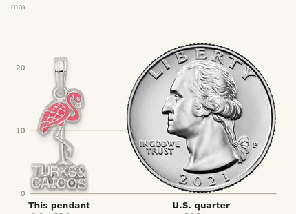 Classique True Size: De-Ani Sterling Silver Rhodium-Plated Enameled Turks and Caicos with Flamingo Pendant shown next to a US quarter (24.3 mm)
