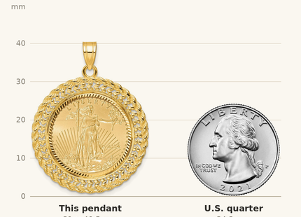 Classique True Size: Wideband Distinguished Coin Jewelry 14ky Diamond-cut Heart & Rope Prong Mounted 1/4oz American Eagle Coin Bezel Pendant shown next to a US quarter (24.3 mm)
