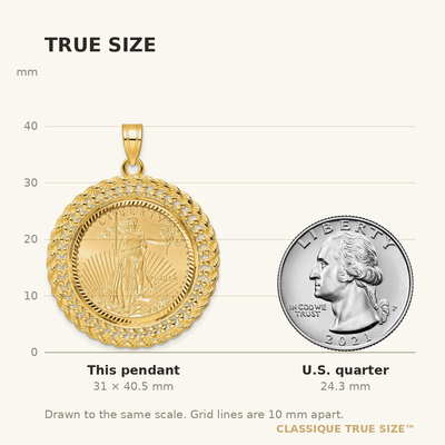 Wideband Distinguished Coin Jewelry 14ky Diamond-cut Heart & Rope Prong Mounted 1/4oz American Eagle Coin Bezel Pendant