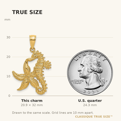 14K Starfish and Seahorse Charm, 32 x 19.25mm