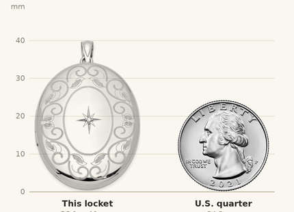 Classique True Size: Sterling Silver Rhodium-plated & Diamond w/ Swirl Border Oval Locket shown next to a US quarter (24.3 mm)