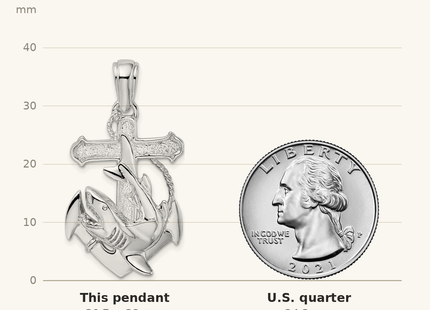 Classique True Size: De-Ani Sterling Silver Rhodium-Plated Polished Anchor with Shark Pendant shown next to a US quarter (24.3 mm)