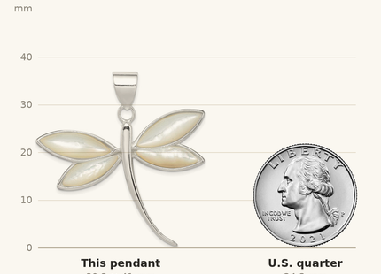 Classique True Size: Sterling Silver White Shell Dragonfly Pendant shown next to a US quarter (24.3 mm)