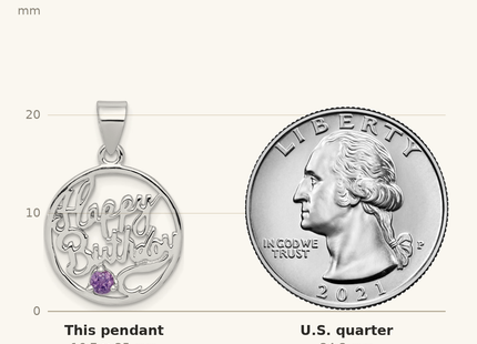 Classique True Size: Sterling Silver Rhodium-plated Amethyst Happy Birthday Pendant shown next to a US quarter (24.3 mm)