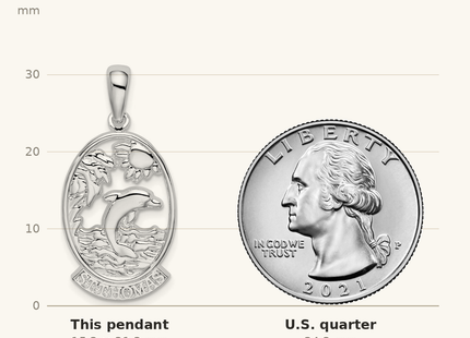 Classique True Size: De-Ani Sterling Silver Rhodium-Plated St. Thomas Dolphin Sunset Pendant shown next to a US quarter (24.3 mm)
