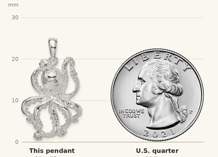 Classique True Size: De-Ani Sterling Silver Rhodium-Plated Polished Textured Octopus Pendant shown next to a US quarter (24.3 mm)
