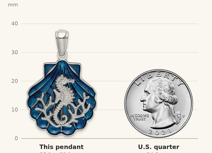 Classique True Size: De-Ani Sterling Silver Rhodium-Plated Enameled Blue Shell with Seahorse Pendant shown next to a US quarter (24.3 mm)