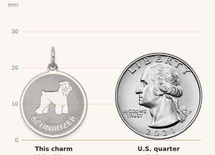 True size: Sterling Silver Rhodium-plated Schnauzer Disc Charm shown next to a US quarter (24.3 mm)