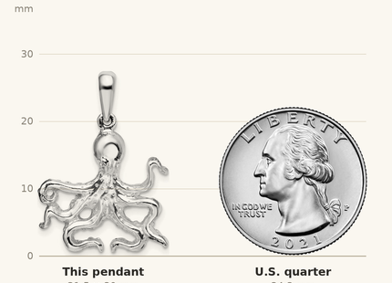 Classique True Size: De-Ani Sterling Silver Rhodium-Plated Polished Octopus Pendant shown next to a US quarter (24.3 mm)