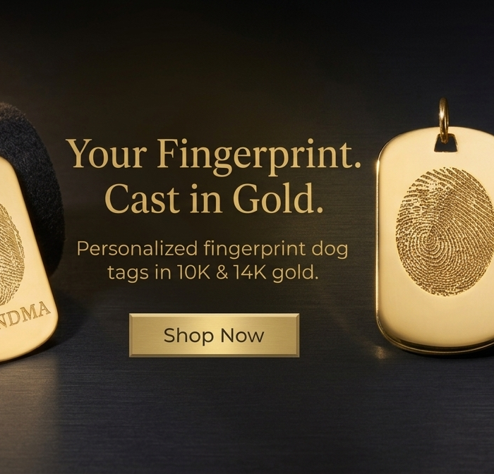 Personalized gold fingerprint dog tags displayed on a dark surface, including tags engraved with names such as Grandma, Dad, and Other, along with a dark fabric pouch. Text on the image reads, 'Your Fingerprint.